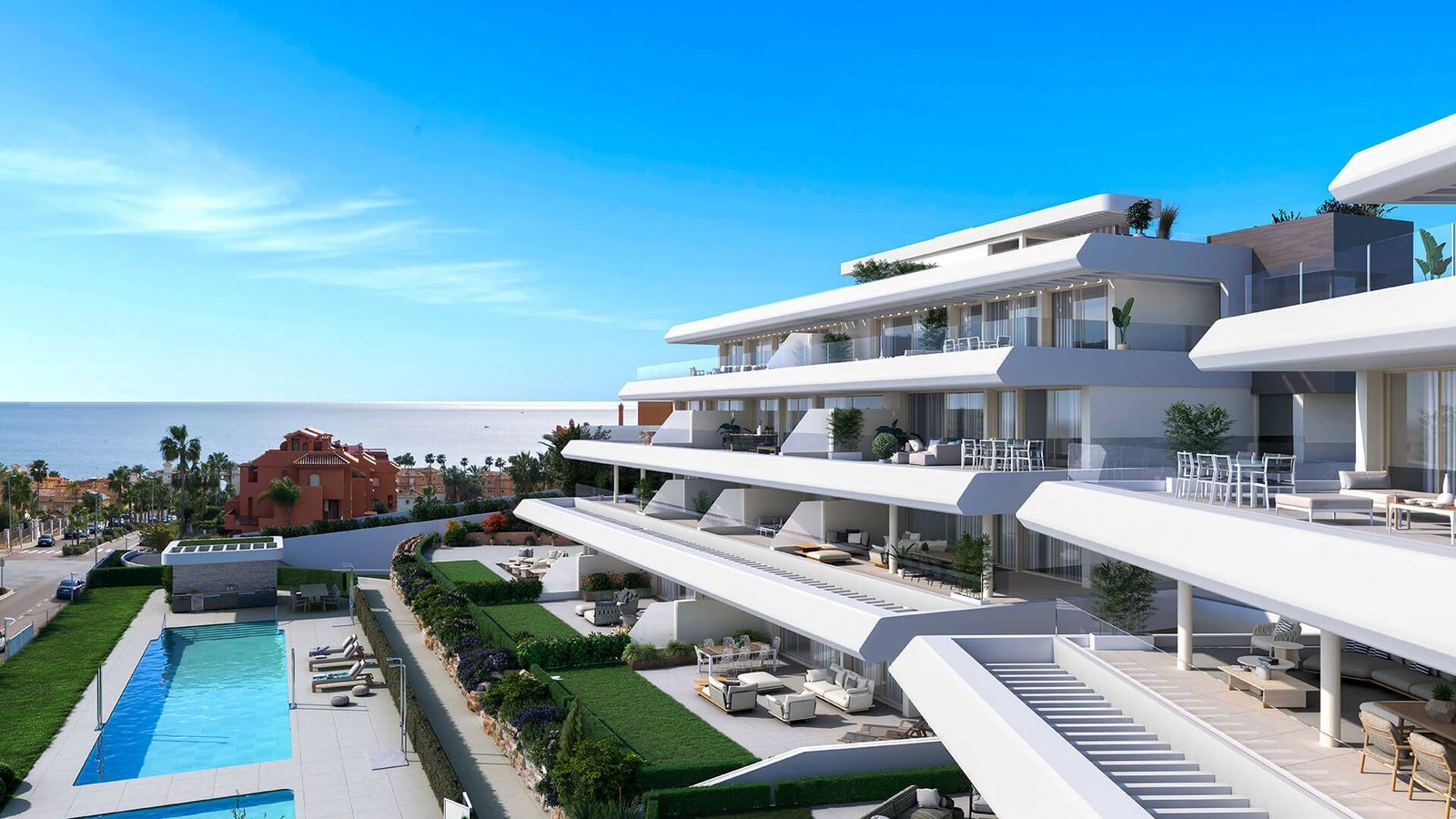 Modern appartementen in Estepona met uitzicht op het zwembad.